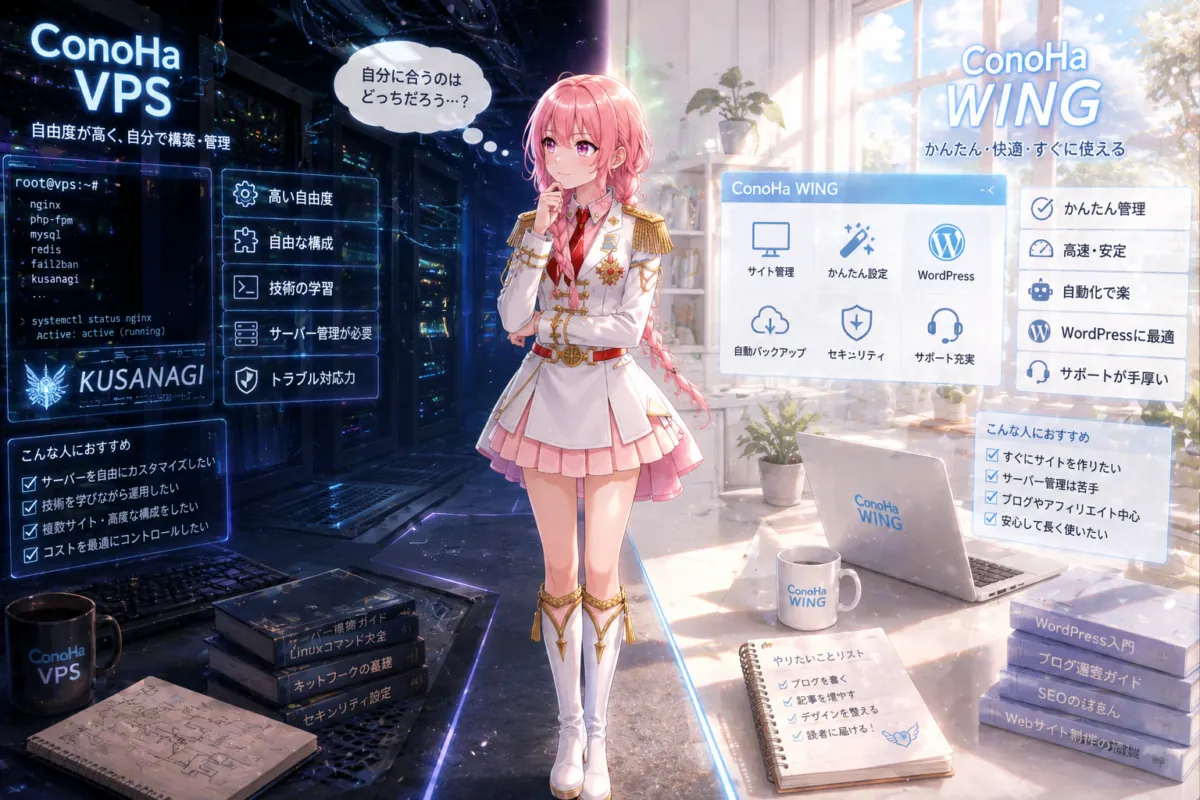 ConoHa WINGとVPSで悩む少女のイメージ