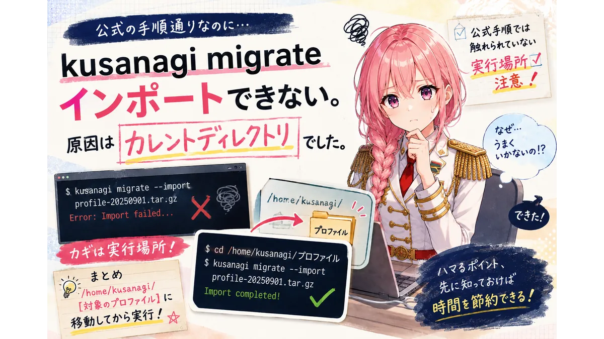 KUSANAGI migrateはカレントディレクトリを移動しないといけないことに気づかない少女のイメージ画像