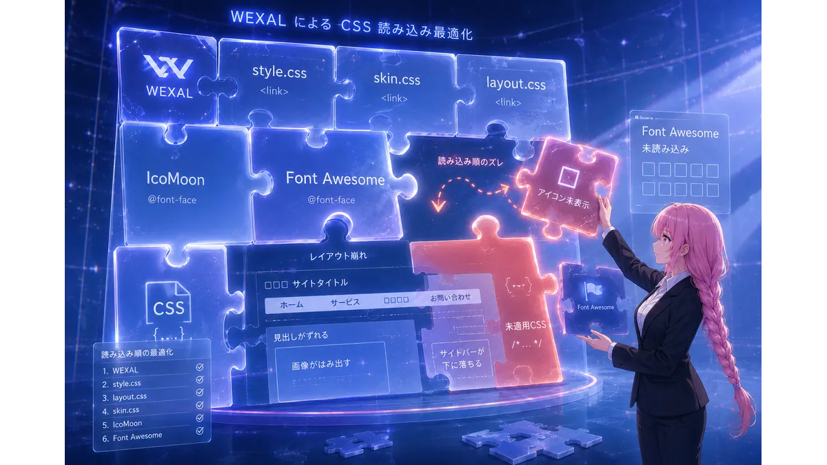 WEXALによるCSS読み込み最適化をパズルで表現した技術系イラスト。style.css、skin.css、Font Awesome、IcoMoonなどのCSS・フォントファイルが巨大なパズルピースとして並んでおり、一部のピースがズレたり欠けたりしている。未適用CSSやレイアウト崩れ、Font Awesome未読み込みによる□アイコン表示が発生している様子を描写。右側ではピンク髪の少女が崩れたピースを調整している。