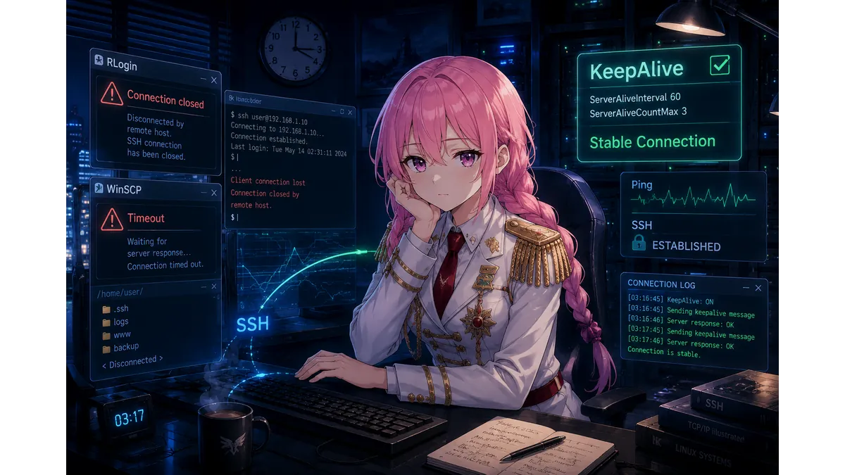 ConoHa VPSでSSH接続が切れる問題をKeepAlive設定で対処するイメージ