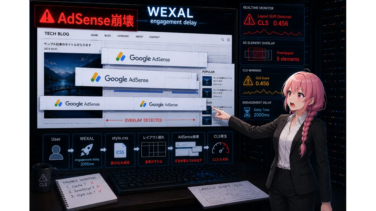 WEXAL導入後にengagement delayが原因でAdSense広告が重なり、レイアウト崩れが発生した状況を示す図解アイキャッチ。