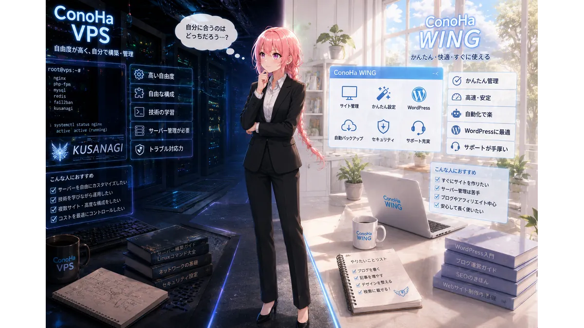 ConoHa WINGとVPSで悩む少女のイメージ