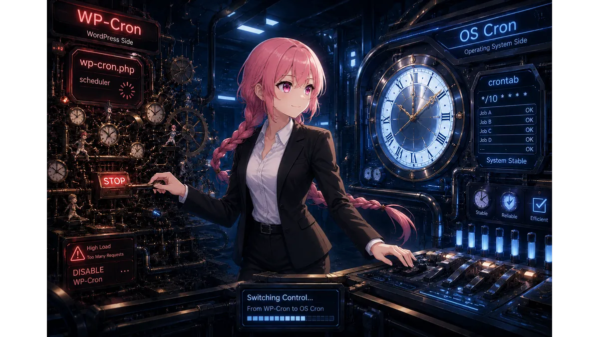 WordPressのcronを止めてOS側で制御する少女のイメージ