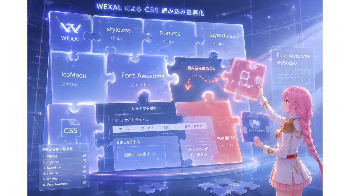 WEXALによるCSS読み込み最適化をパズルで表現した技術系イラスト。style.css、skin.css、Font Awesome、IcoMoonなどのCSS・フォントファイルが巨大なパズルピースとして並んでおり、一部のピースがズレたり欠けたりしている。未適用CSSやレイアウト崩れ、Font Awesome未読み込みによる□アイコン表示が発生している様子を描写。右側ではピンク髪の少女が崩れたピースを調整している。