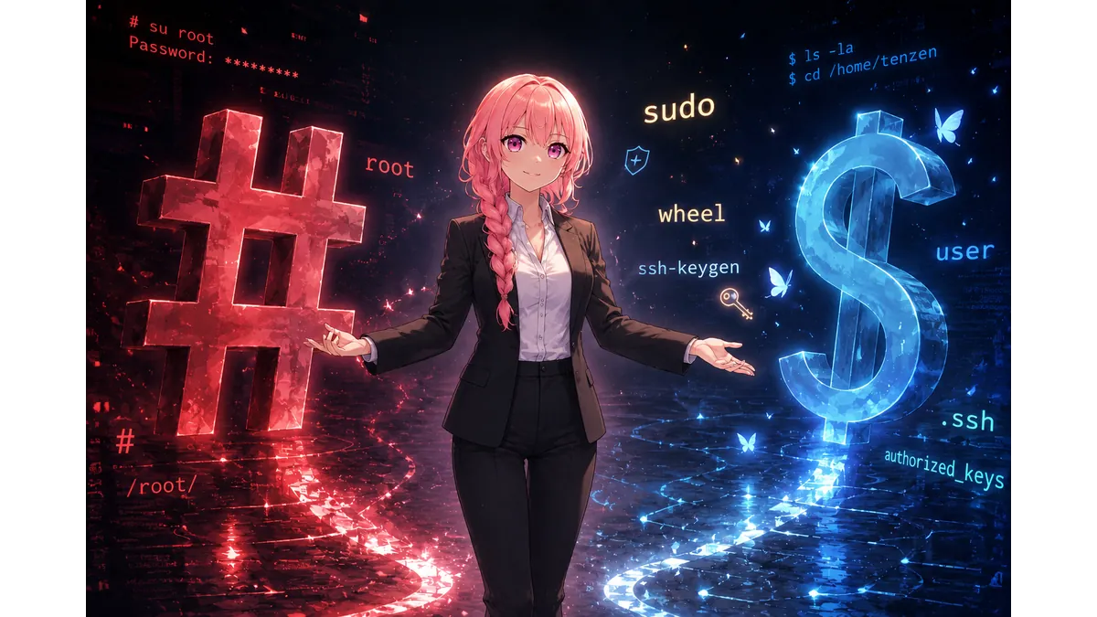 Linuxターミナルでroot（#）と一般ユーザー（$）を司る少女の画像