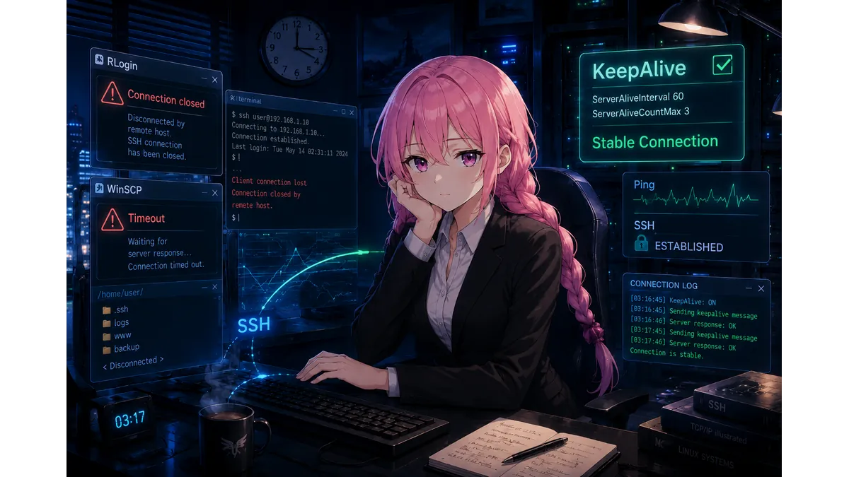 ConoHa VPSでSSH接続が切れる問題をKeepAlive設定で対処するイメージ