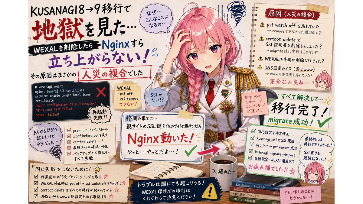 KUSANAGIを移行しようとしたらトラブルシューティングで苦しむ少女のイメージ画像