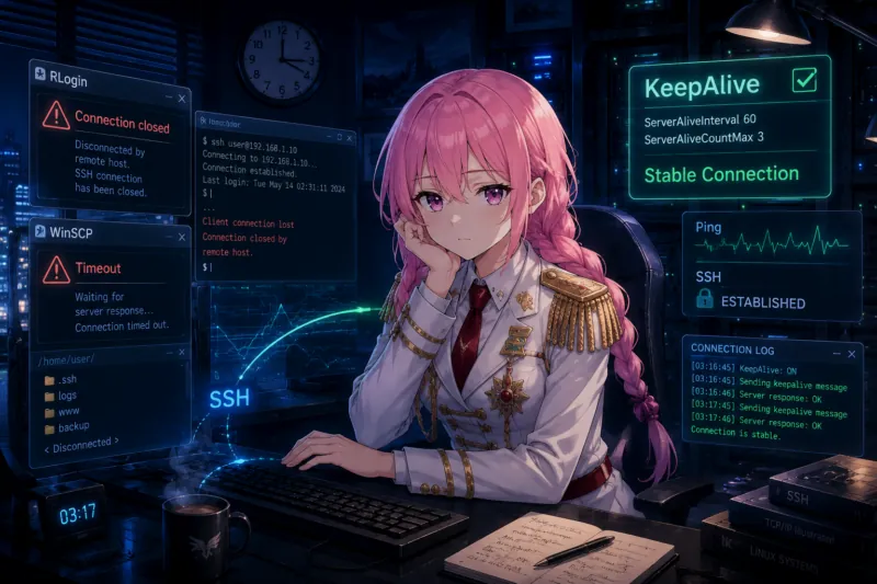 ConoHa VPSでSSH接続が切れる問題をKeepAlive設定で対処するイメージ