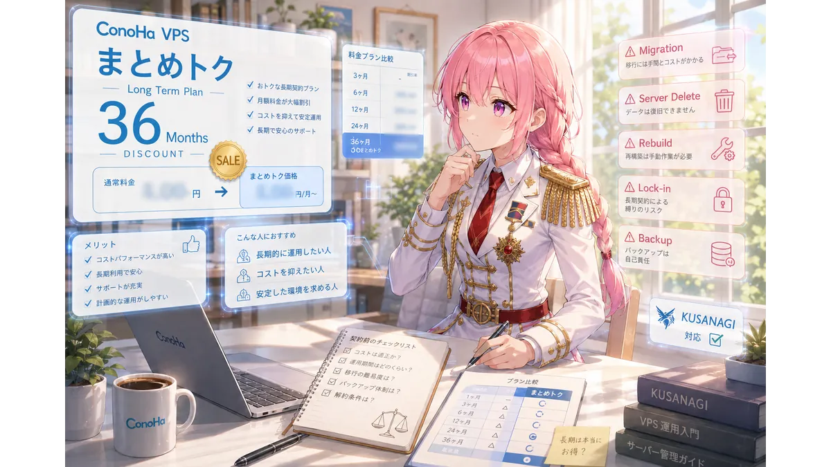 ConoHa VPSの長期割引「まとめトク」で悩む少女のイメージ