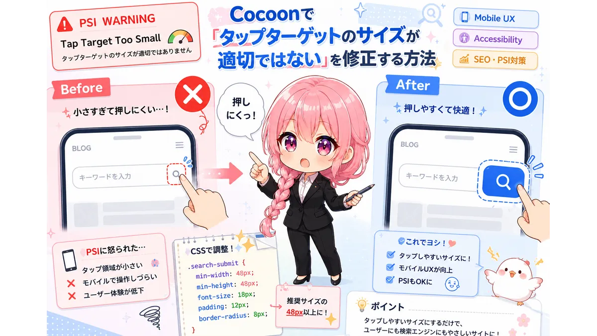 Cocoonの検索ウィジェットで「タップターゲットのサイズが適切ではない」とPageSpeed Insightsに警告されたため、CSSで検索フォームと虫眼鏡アイコンを調整している様子。小さすぎる検索ボタンのBefore / After比較を、デフォルメキャラクターと一緒に表現したアイキャッチ画像。