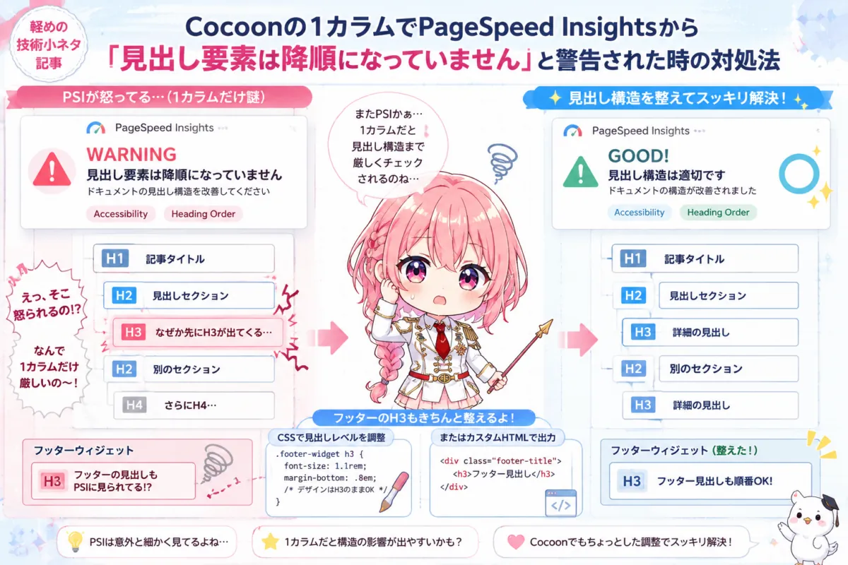 Cocoonの1カラム環境で、PageSpeed Insightsから「見出し要素は降順になっていません」と警告された状況を、デフォルメキャラクターと見出し構造のBefore / After比較で表現したアイキャッチ画像。フッターウィジェットのH3タグ問題を、CSSやカスタムHTMLで調整して改善している様子を描写。