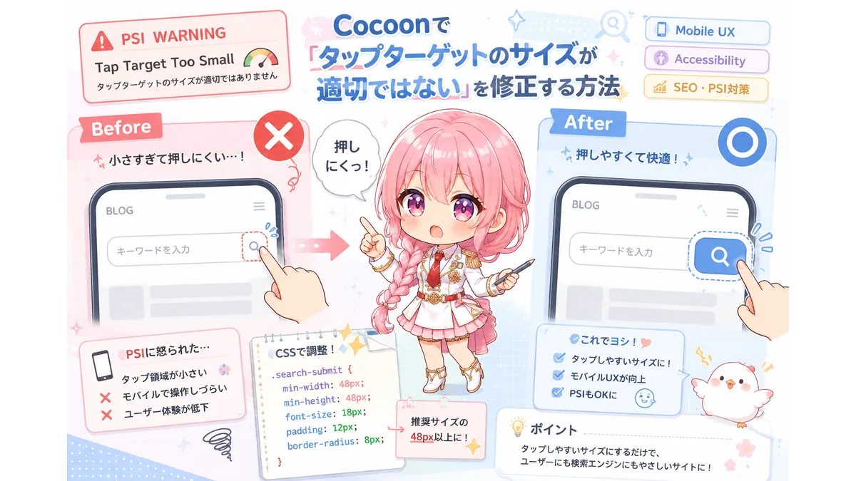 Cocoonの検索ウィジェットで「タップターゲットのサイズが適切ではない」とPageSpeed Insightsに警告されたため、CSSで検索フォームと虫眼鏡アイコンを調整している様子。小さすぎる検索ボタンのBefore / After比較を、デフォルメキャラクターと一緒に表現したアイキャッチ画像。