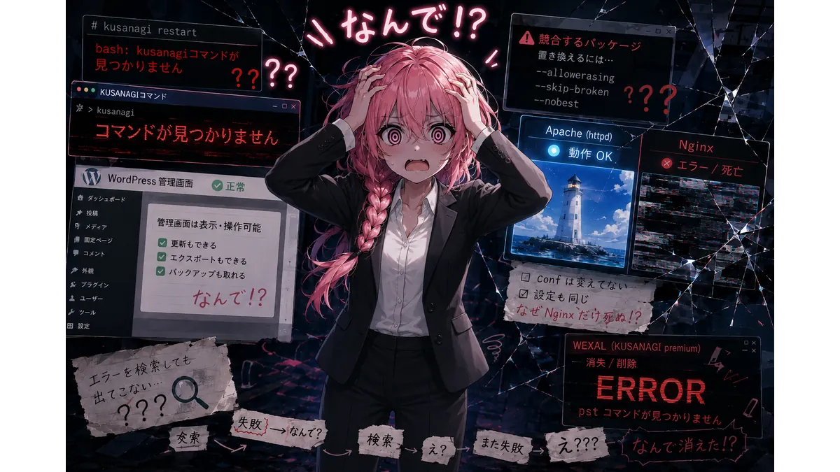 KUSANAGIアップデートに失敗してバグの嵐に巻き込まれてパニックする少女