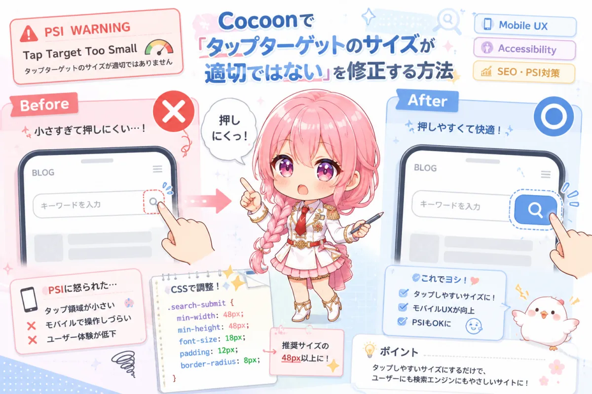 Cocoonの検索ウィジェットで「タップターゲットのサイズが適切ではない」とPageSpeed Insightsに警告されたため、CSSで検索フォームと虫眼鏡アイコンを調整している様子。小さすぎる検索ボタンのBefore / After比較を、デフォルメキャラクターと一緒に表現したアイキャッチ画像。
