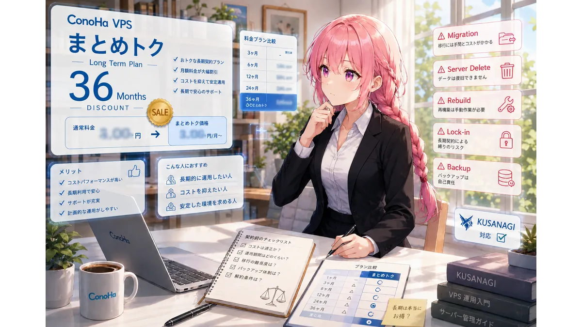 ConoHa VPSの長期割引「まとめトク」で悩む少女のイメージ