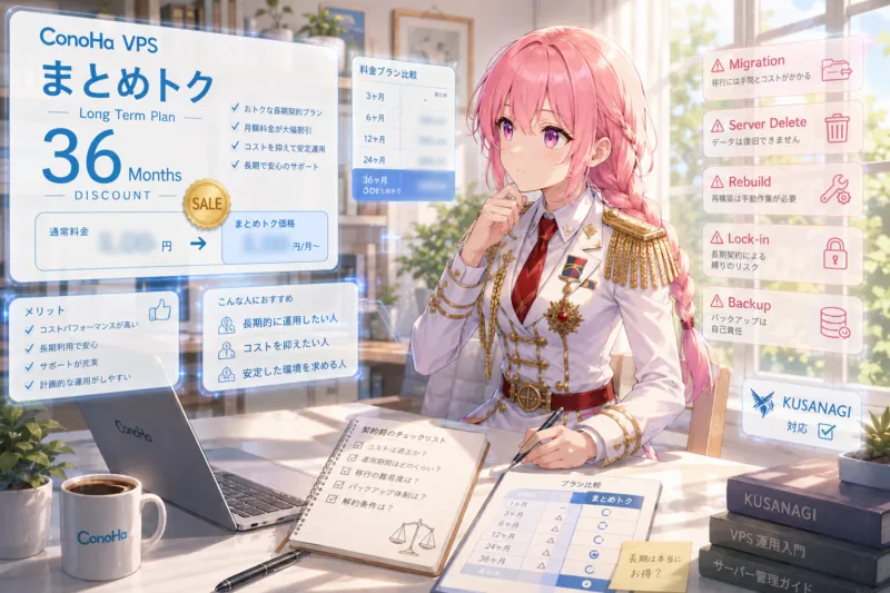 ConoHa VPSの長期割引「まとめトク」で悩む少女のイメージ