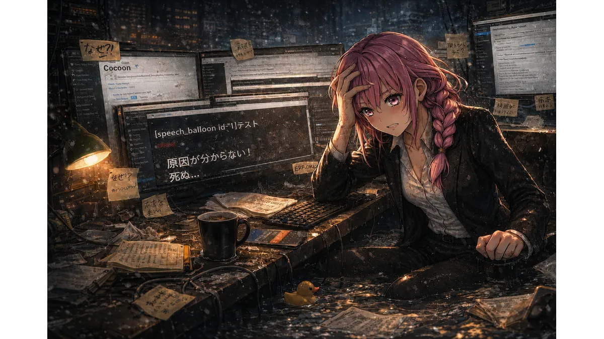 デバッグ沼にはまりこんで疲れ切ってるけど、それでも作業を止められない少女