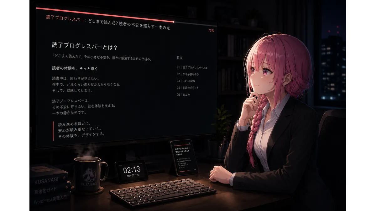 深夜の暗い作業部屋で、読了プログレスバーが表示されたモニターを静かに見つめる少女のイラスト。上部には細いサーモンピンク色の進捗バーが光り、WordPressサイトのUX改善を表現している。