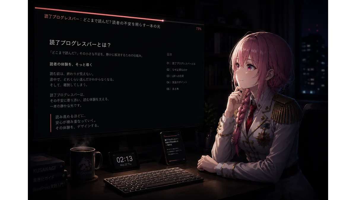 深夜の暗い作業部屋で、読了プログレスバーが表示されたモニターを静かに見つめる少女のイラスト。上部には細いサーモンピンク色の進捗バーが光り、WordPressサイトのUX改善を表現している。