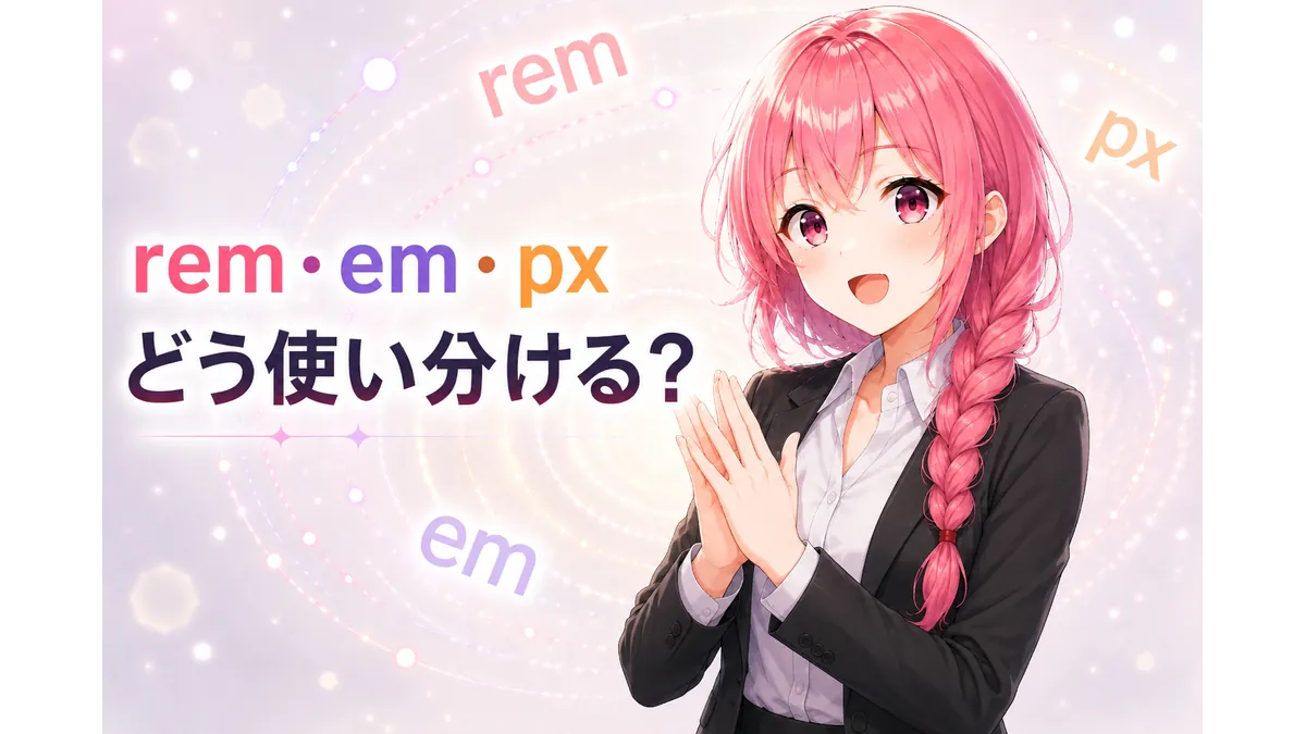rem・em・pxの使い分けを理解したピンク髪の少女。手を合わせて納得した表情を浮かべ、背景にはrem・em・pxの文字が浮かんでいる。CSS設計やテーマ設計における単位の使い分けをイメージした技術ブログ用アイキャッチ。