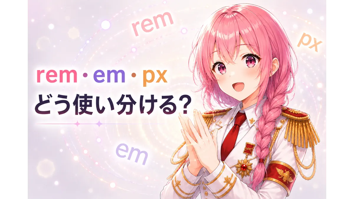 rem・em・pxの使い分けを理解したピンク髪の少女。手を合わせて納得した表情を浮かべ、背景にはrem・em・pxの文字が浮かんでいる。CSS設計やテーマ設計における単位の使い分けをイメージした技術ブログ用アイキャッチ。