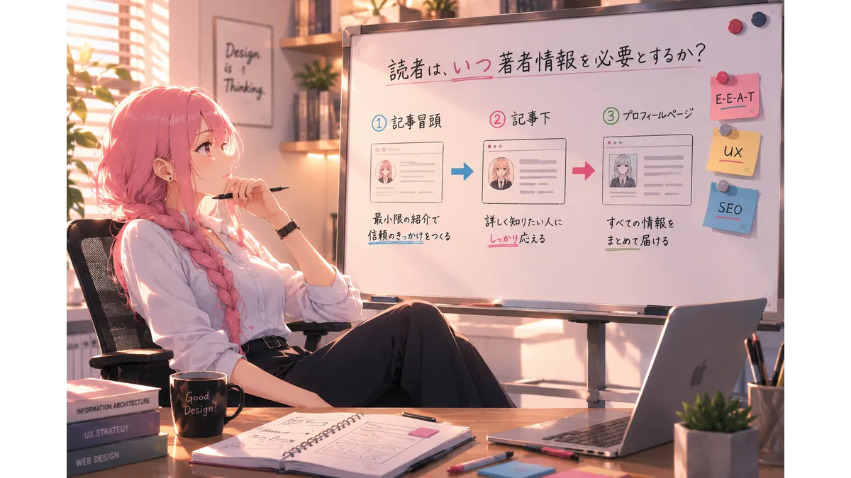 alt="著者情報ボックスの設計思想をホワイトボードで検討するWebディレクターのイメージイラスト"