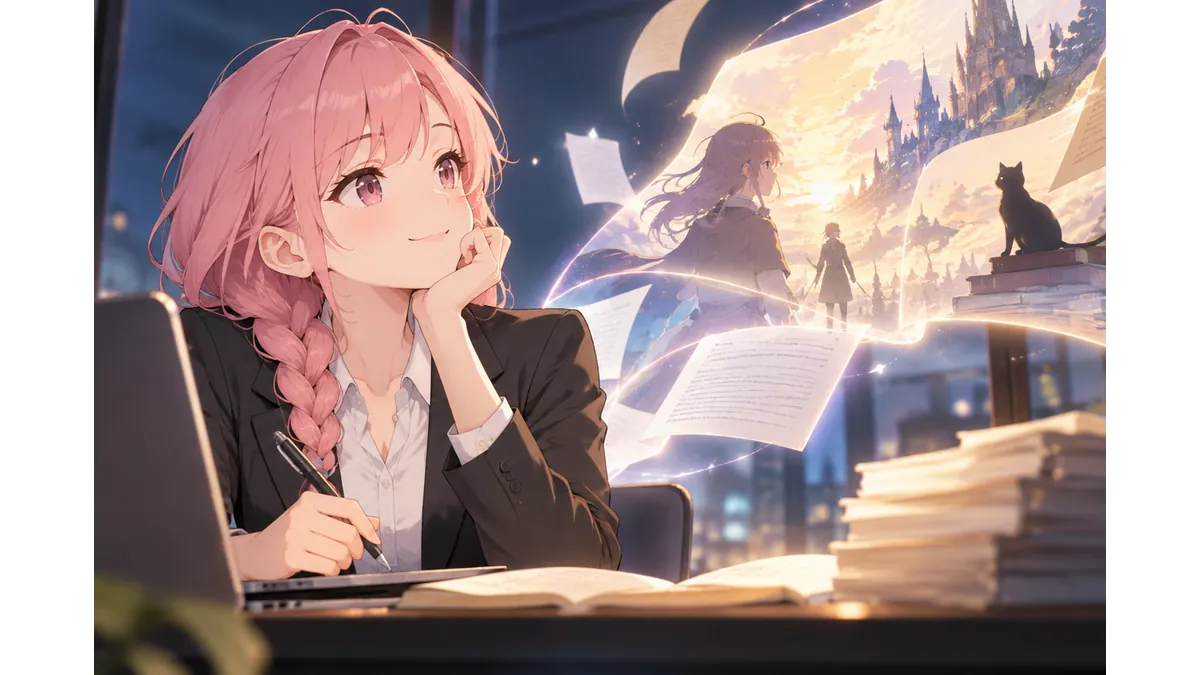 AIを活用して小説を制作するWebディレクターと、原稿から広がる物語世界のイメージ
