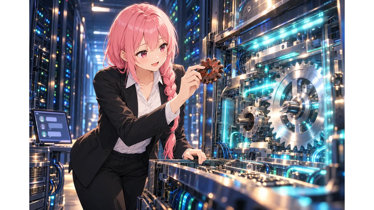 KUSANAGI 9のサーバー環境で、PHPのバージョン切り替えトラブルに対応するピンク髪の女性エンジニア。