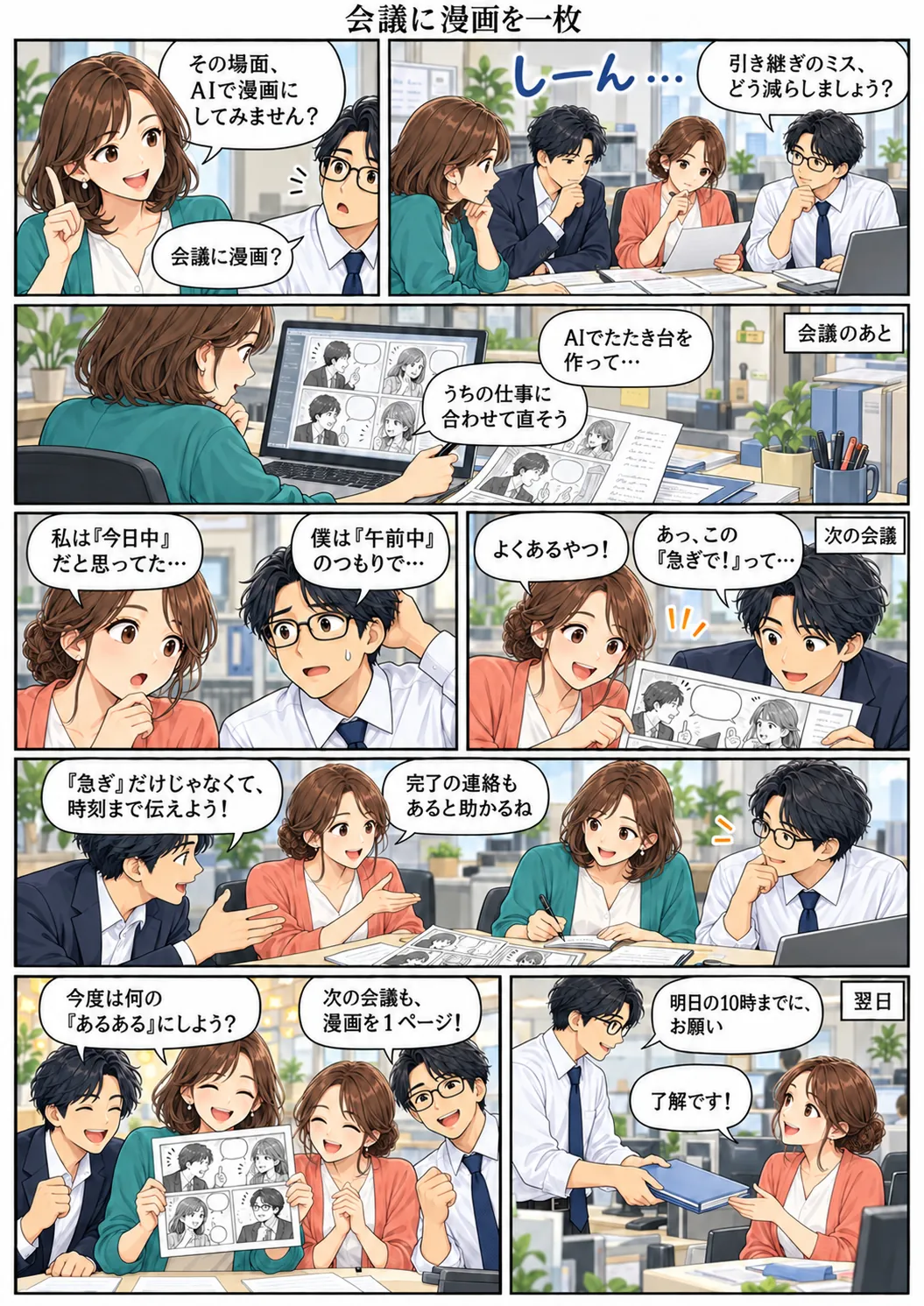 AIで生成した会議用漫画のサンプル。引き継ぎのミスをテーマに、社員たちがAI漫画を使って「今日中」「午前中」「急ぎ」などの認識の違いを話し合い、次の会議でも漫画を活用するまでを描いた1ページ漫画。