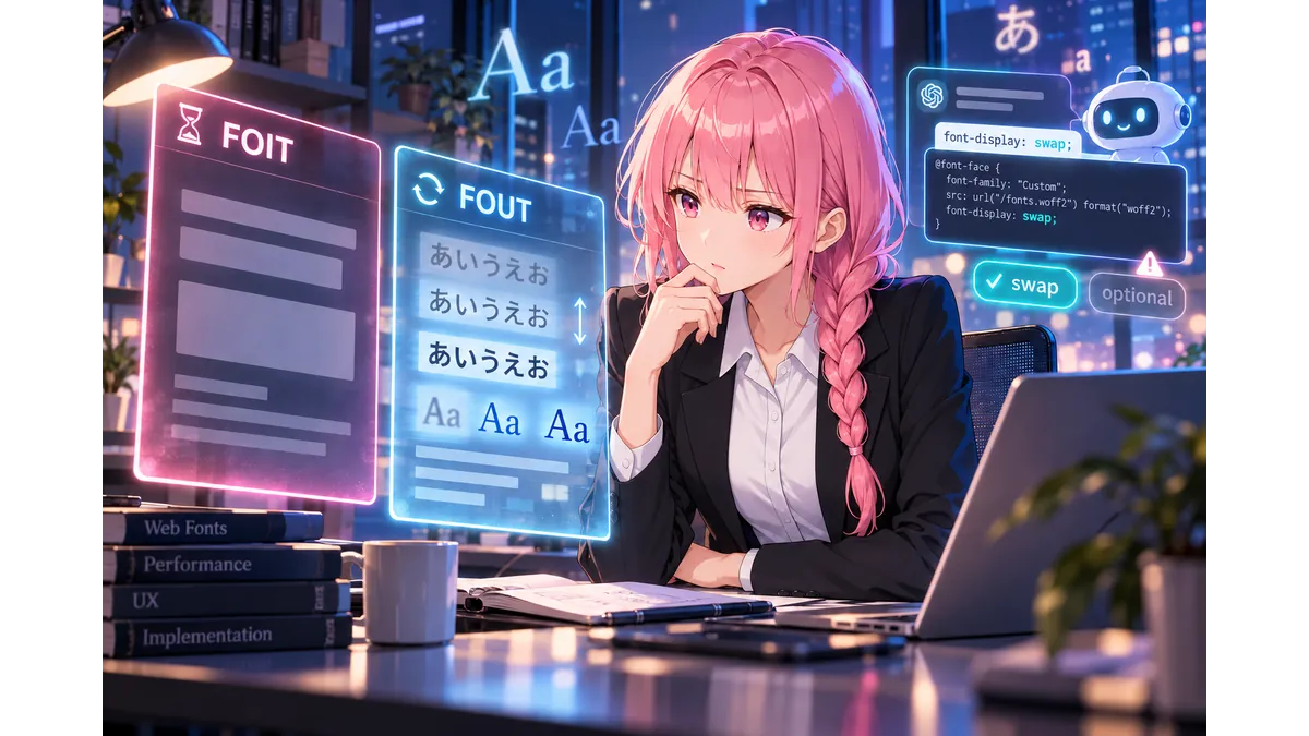 FOITとFOUT、font-displayのswapとoptionalを比較するWebフォント実装のイメージ